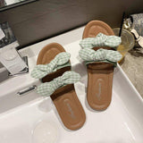 Women Open Toe Sands Flats Summer Plaid Bow Word Fashion Flat-Heeled Slippers