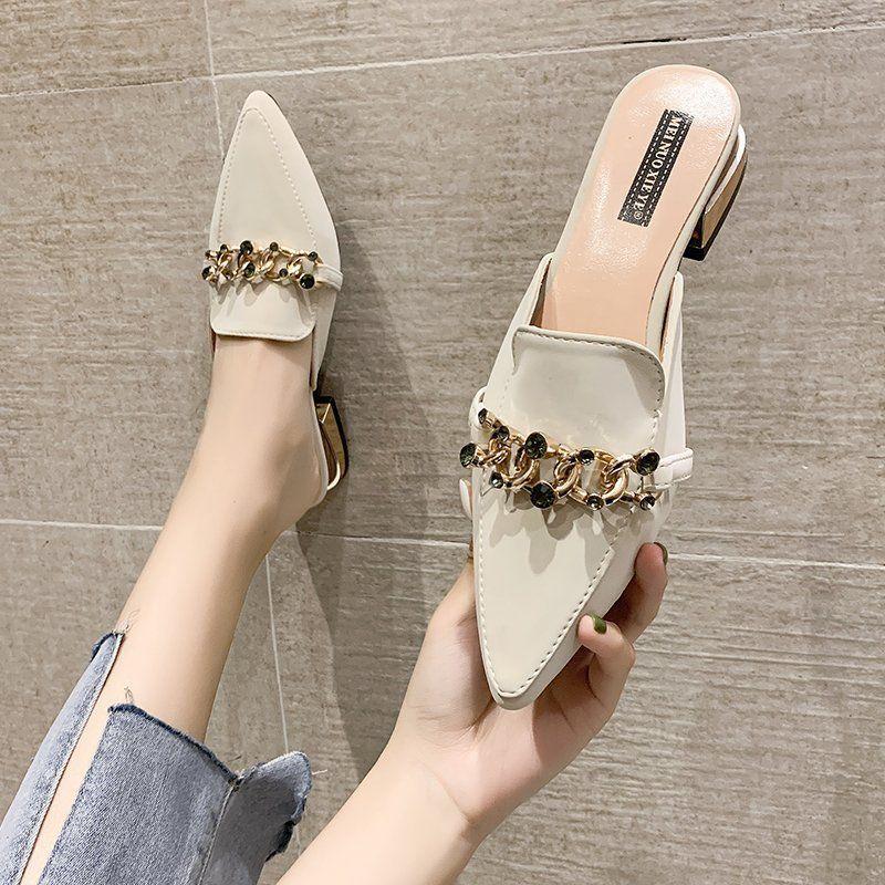 Finn Chain Pointed Toe Mule Spring Closed Toe Half Slippers Women's Low Heel Pointed-Toe Mules Shoes