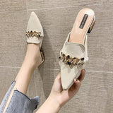 Finn Chain Pointed Toe Mule Spring Closed Toe Half Slippers Women's Low Heel Pointed-Toe Mules Shoes