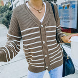 Women Fall Outfits Autumn and Winter Leisure Loose Sweater Striped Cardigan Jacket