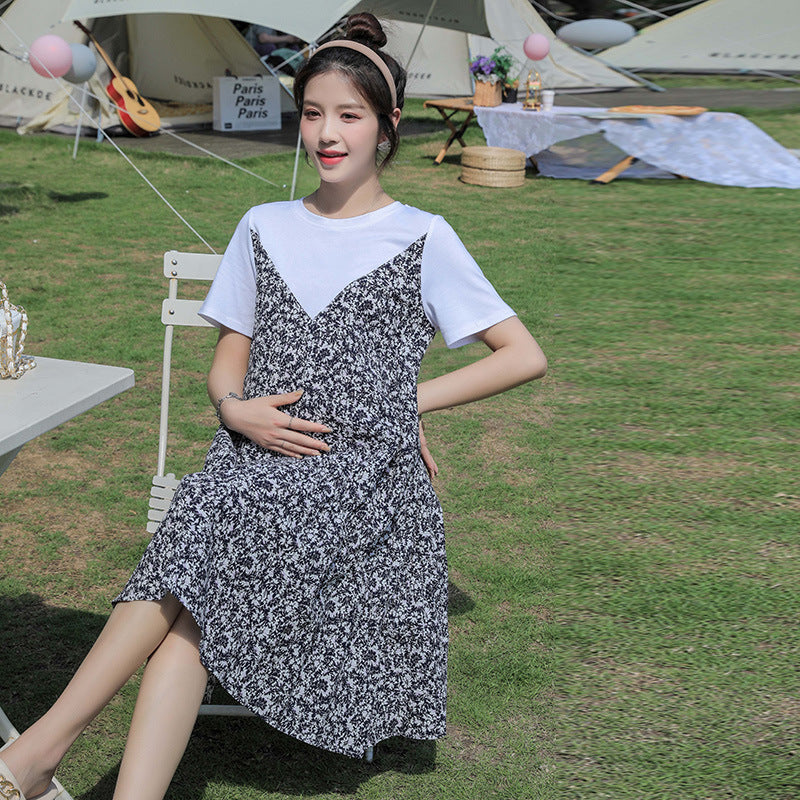 Maternity Clothes Dress Summer Fashion Stitching Ruffle Loose Versatile Fake Two Pieces Short Sleeve Maternity Dress