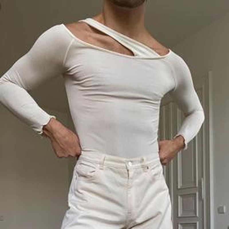 Rave Outfits Mens Long Sleeve Shirt Sexy Men's Fashion Solid Color Knitwear