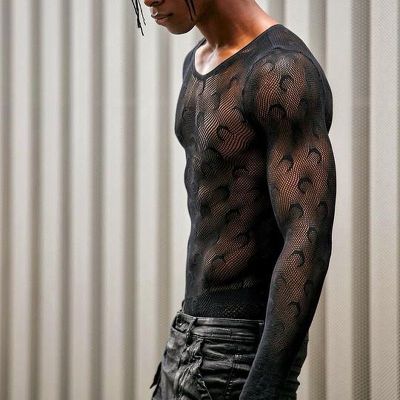 Rave Outfits Men Long Sleeve Shirt Printed Top Plaid Embroidery See-through Sexy Slim Long Sleeve