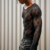 Rave Outfits Men Long Sleeve Shirt Printed Top Plaid Embroidery See-through Sexy Slim Long Sleeve