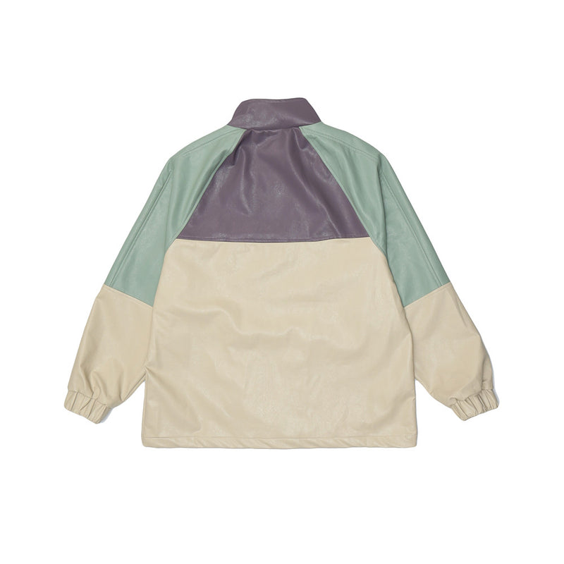 Beige Varsity Jacket Color Contrast Patchwork PU Leather Jacket Men's Color Stitching Stand-Collar Leather Jacket Baggy Coat