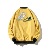 Yellow Varsity Jacket Autumn Boys Baseball Collar Casual Top Daisy Printed Baseball Uniform