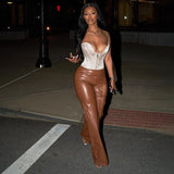 Brown Leather Pants PU Leather Pants Female Sexy Solid Color Hollow out Loose-Fitting Underwear Panties