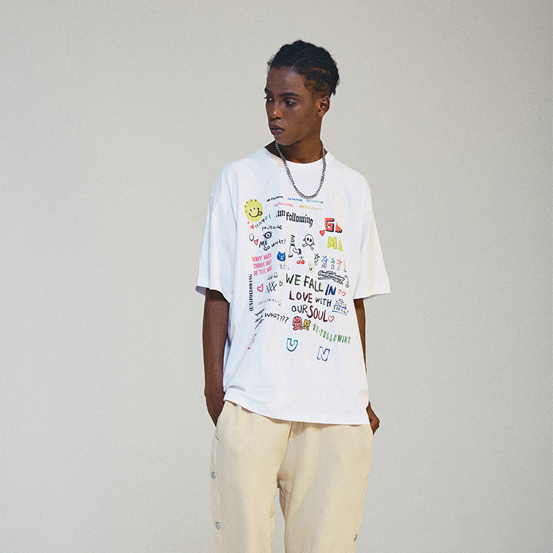 Oversized 90S T Shirt Alphabet Graffiti Print Summer Casual Loose-Fitting T-shirt