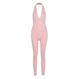 Fall Women's Clothing Sexy Backless Halter Sleeveless V-neck Hip Lifting Sport Jumpsuit
