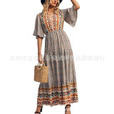 Emery Rose Dresses Cotton Printed Bohemian Dress Short Sleeve Maxi Dress
