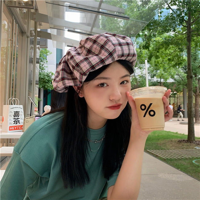 Check Beret Hat Retro Plaid Fashion