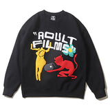 Adult Films Kanye West Hoodie Vintage Graffiti Puff Print round Neck Fleece-Lined Sweater Fog