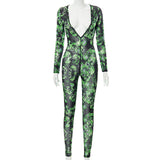 Sexy Deep V Long Sleeve Hollow out See-through Skull Mesh One-Piece Trousers for Women