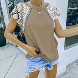 Women's Fall Outfits Color Contrast Patchwork Lace Short-Sleeved T-shirt