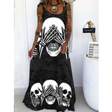 Skull Dress Spring and Summer Women's Clothing Printed Loose plus Size Lace up Dress