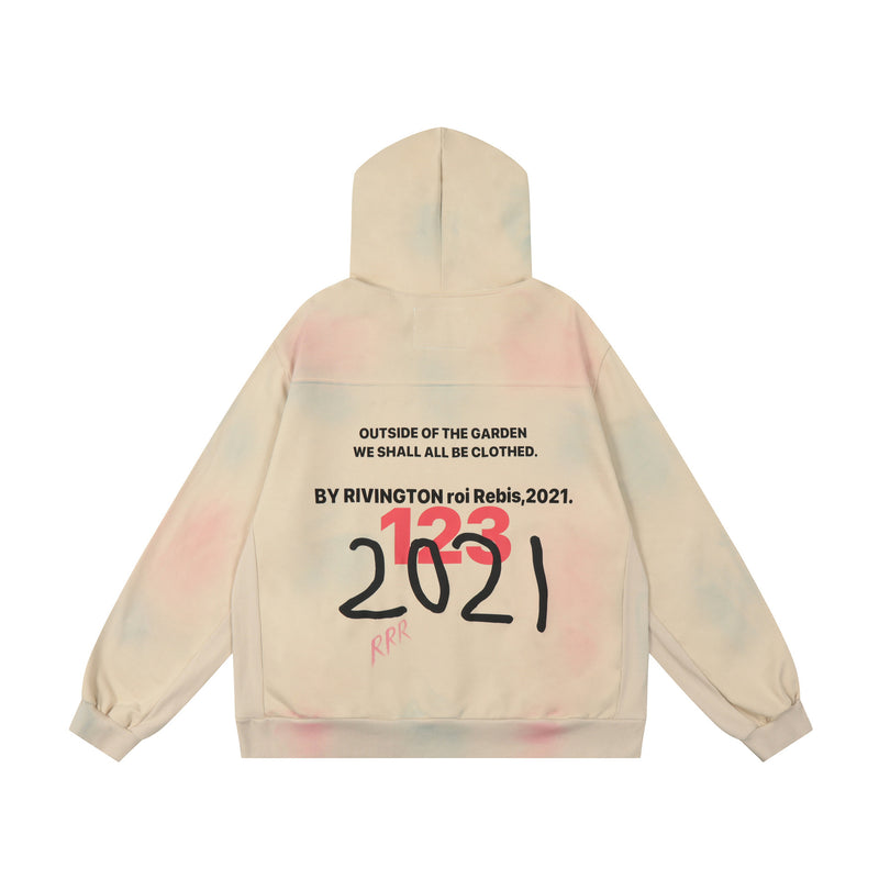 Rrr123 Hoodie Tie-Dye Contrast Color Hooded Sweatshirt Distressed Men and Women Same Style