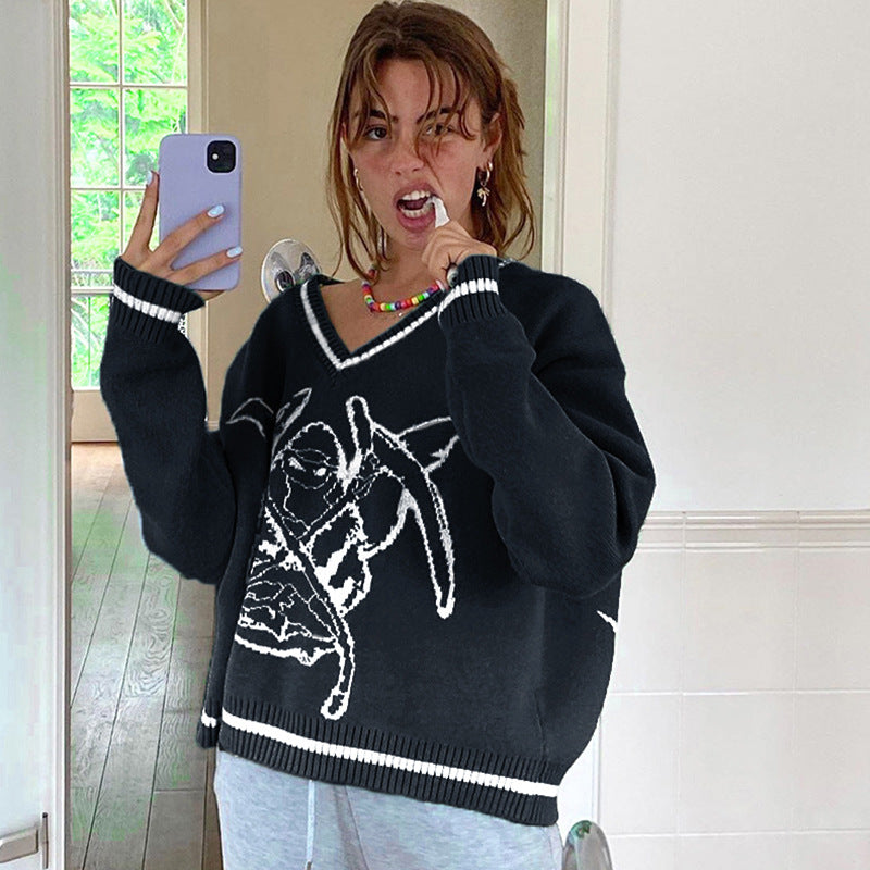 Preppy Aesthetic Sweater Heart V-neck Loose Fashion Knitwear