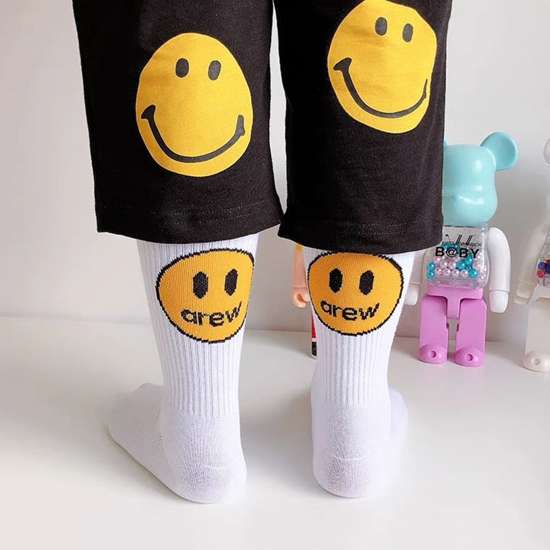 Drew House Smiley Face Printed Stockings Fashion Brand Leisure Cotton Mid-Calf Length Socks