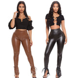 Brown Leather Pants Tight High Elastic Bandage Slightly Flared Side Slit PU Leather Trousers
