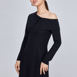 Women Spring Dress Long Sleeve Dress Lapel Sloping-Shoulder off the-Shoulder Waist Ladies Dress