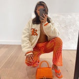 Brown Cropped Varsity Jacket  DA 5347b embroidered contrast stitching lamb velvet jacket