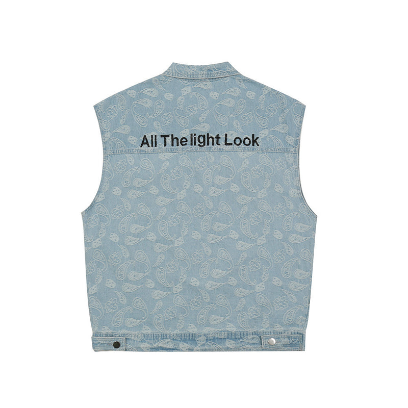 Men Sweater Vest Retro Washed Paisley Embroidered Denim Vest Men's Loose Lapels Sleeveless Jacket