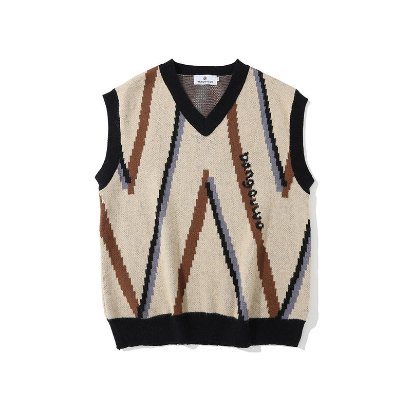 Men Sweater Vest Contrast Color Striped Jacquard Sweater Vest Vest Men's Loose V-neck Sleeveless Sweater Coat