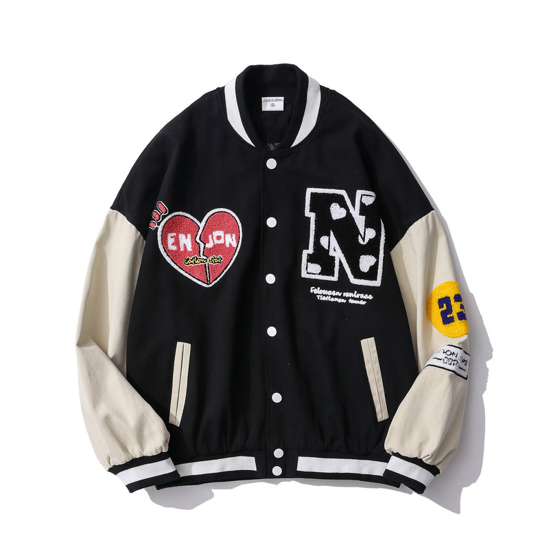 Green Varsity Jacket Retro Alphabet Multicolor Printing Baseball Uniform Jacket Men's Loose Casual Couple Pilot Jacket