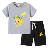 Children Pokemon Pikachu Hoodie T-shirt Shorts Two-Piece Suit Cotton