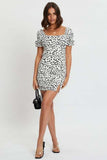Milkmaid Dress Spring Square Collar Short Sleeve High Waist Crimp Split Print Dress