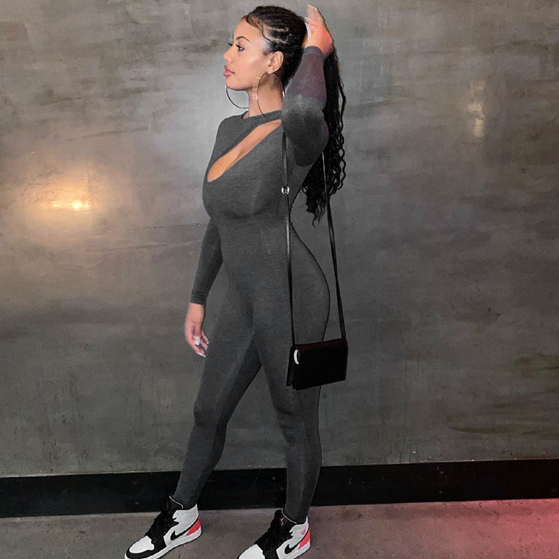 Autumn Solid Color Irregular Hollow-out Trousers Slim-Fit Trousers Jumpsuit