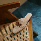 Finn Chain Pointed Toe Mule Cowhide Sandals Women's Summer Outer Wear Closed Toe Half Slippers Flat Mules