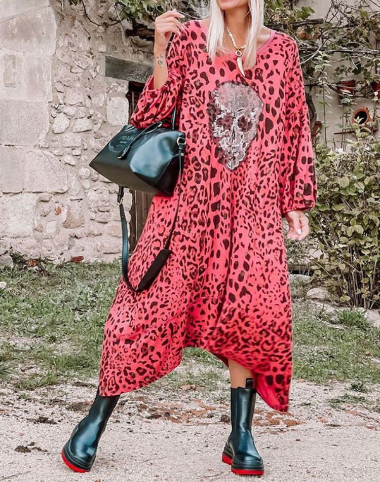 Skull Dress Spring and Summer Dress Leopard Print Skull Print Long Sleeve Dress
