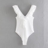 Women Fall Outfits Fall V-neck Laminated Decoration Bodysuit Ruffled Slim Top