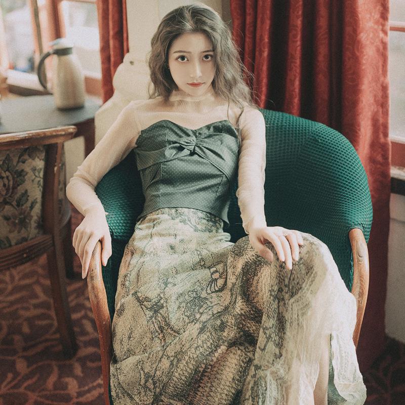 Women Retro Cottagecore Vintage Dress Square Collar Dres Vintage Fashion Slim Fit Two-Piece Suit Dress