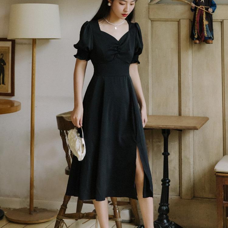 Women Retro Cottagecore Vintage Dress Summer Vintage Black Square Collar Puff Sleeve Corset Slimming Dress