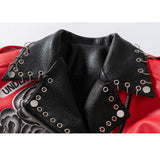 Women Leather Jacket Biker Motorcycle Coat Women's Printed Red Leather Short Slim Fit