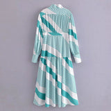 Women Fall Fall Striped Patchwork Stand-Up Collar Waist-Slimming Long Dress Single-Breasted Dress