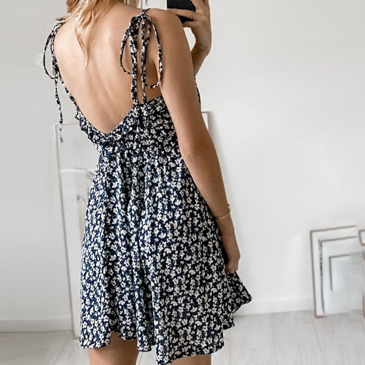Summer Wedding Guest Dresses Spaghetti-Strap Floral Print round Neck Backless Short Sleeve Stitching Short Temperamental Dress