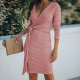 Winter Formal Dresses V-neck Slim Sexy Fashion Belt Dress