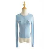Women Fall Fall Fall Four Colors Gold Buckle Pocket Long Sleeve T-shirt Slim Fit Top