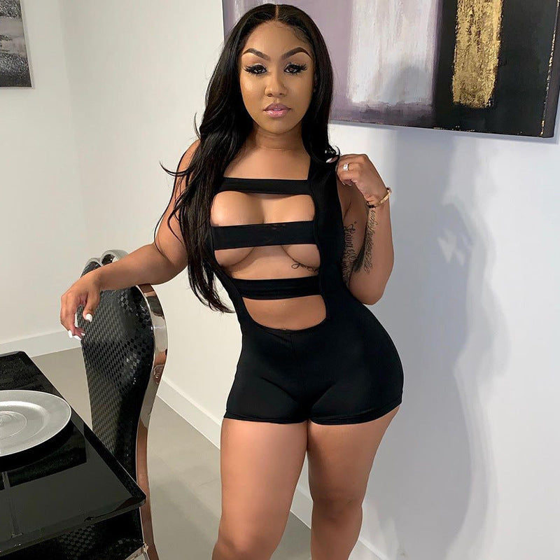 Summer Solid Color Sleeveless Stitching Hollow-out Tight Shorts Jumpsuit Women