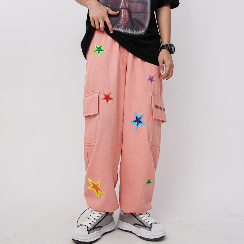Man Fall Outfits Cargo Pants XINGX Embroidered Multi-Pocket Straight Cargo Pants Men and Women Couple Wide Leg Pants