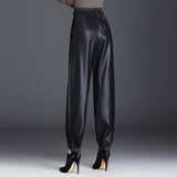 Brown Leather Pants Elastic Waist Harem Pants Autumn and Winter Casual Pants Thin Velvet High Waist Thin Baggy Pants
