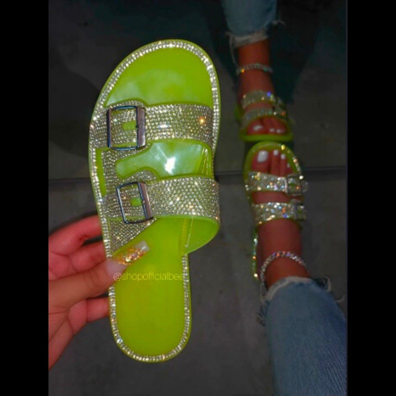 Women Open Toe Sandals Flats Summer Rhinestone Square Heel Sandals Low Heel Beach Shoes