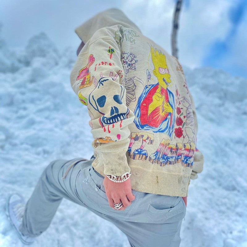 Saint Michael Hoodie Old Hand Painted Graffiti Casual Hoodie Sweater