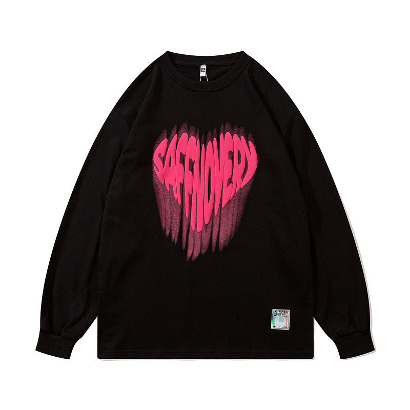 Mens Fall Outfits Autumn Winter Retro Love Letter Puff Print Long Sleeve T-shirt Men and Women Loose Bottoming Shirt