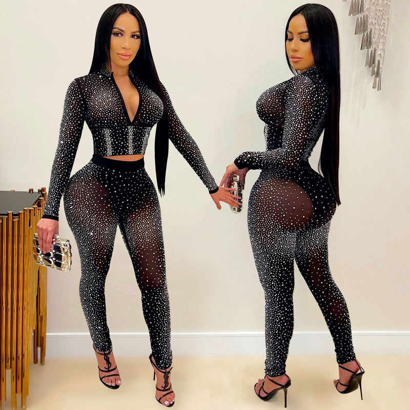 See through Pants Suit V-neck Long-Sleeved Trousers Women's Two-Piece Suit