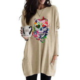 Skull Dress Casual round Neck T-shirt Women's Skull Printed Long Sleeve Loose Dress