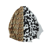 Mens Fall Outfits I High Street Cow Leopard Splicing Long Sleeve Shirt Men's Loose Couple Coat